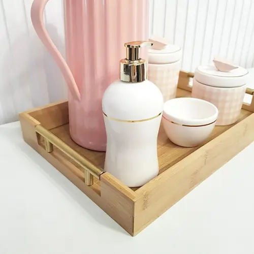 Kit Higiene Bebê 26x38cm Xadrez Vichy Rosa Branco c/ Dourado