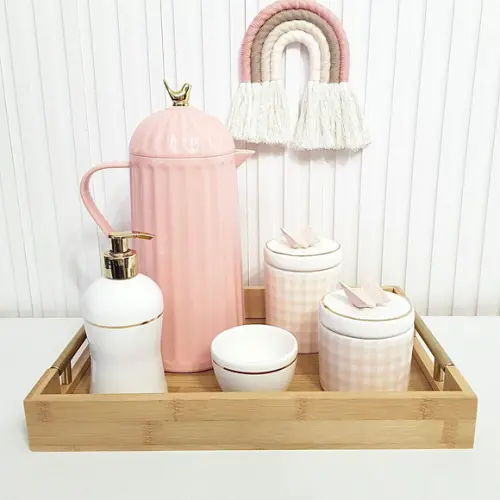 Kit Higiene Bebê 26x38cm Xadrez Vichy Rosa Branco c/ Dourado
