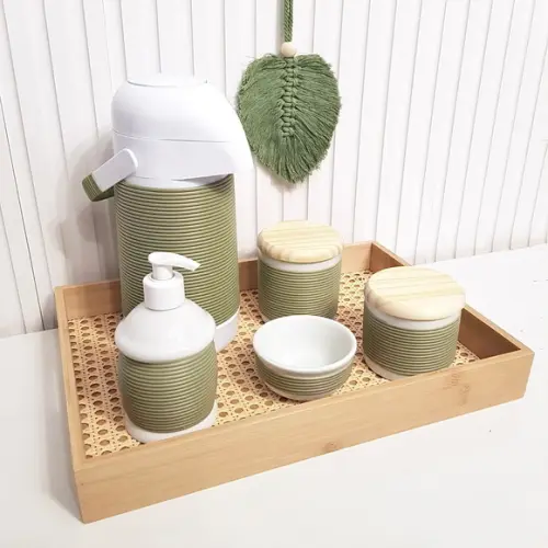 Kit Higiene Bebê 28x38cm Porcelana Alinhavado Verde Oliva