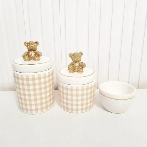 Kit Higiene Bebê 3 Pç Xadrez Bege Branco Filete Ouro Ursinho