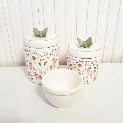 Kit Higiene Bebê 3 Pçs Bosque Cogumelo Bco Oliva e Dourado