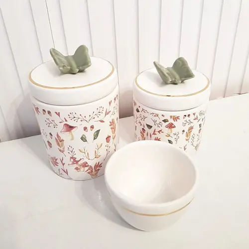 Kit Higiene Bebê 3 Pçs Bosque Cogumelo Bco Oliva e Dourado