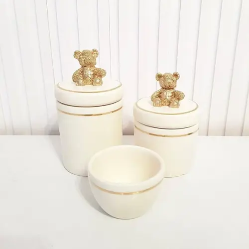Kit Higiene Bebê 3 Pçs Creme Filete Dourado Aplique Ursinho