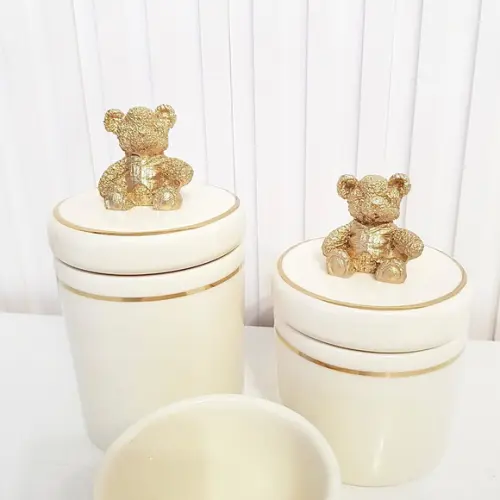 Kit Higiene Bebê 3 Pçs Creme Filete Dourado Aplique Ursinho