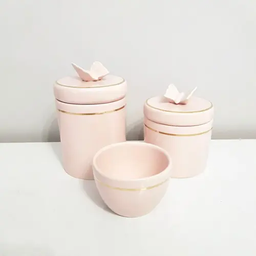 Kit Higiene Bebê 3 Pçs Rosé Filete Dourado Aplique Borboleta