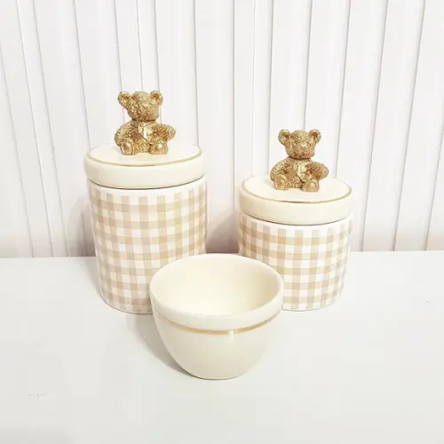 Kit Higiene Bebê 3 Pçs Xadrez Bege Filete Ouro Apl. Ursinho