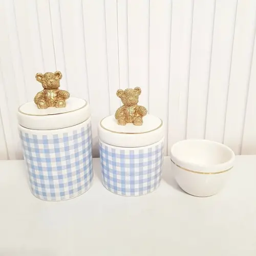 Kit Higiene Bebê 3 Pçs Xadrez Azul Filete Ouro Apl. Ursinho