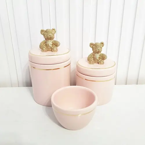Kit Higiene Bebê 3 Pçs Rosé Filete Dourado Aplique Ursinho