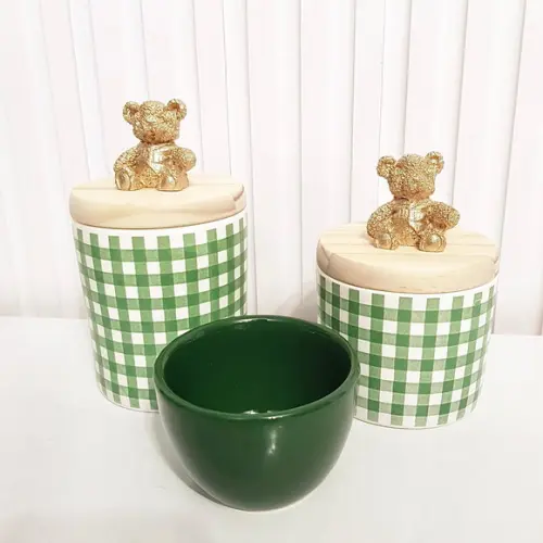 Kit Higiene Bebê 3 Pçs Xadrez Vichy Verde Pinus Urso Dourado