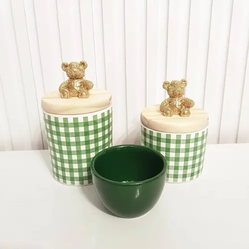Kit Higiene Bebê 3 Pçs Xadrez Vichy Verde Pinus Urso Dourado