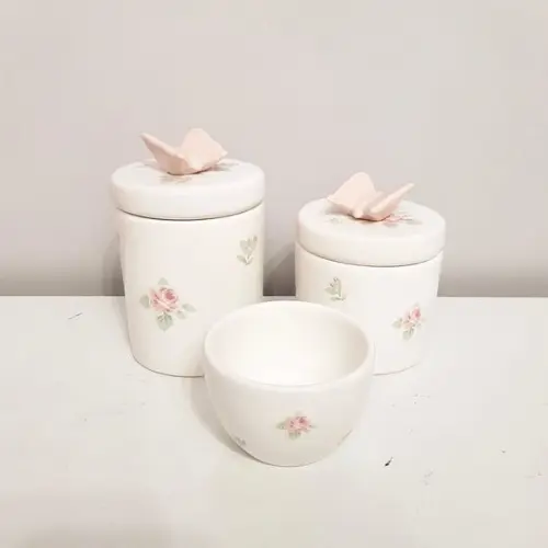 Kit Higiene Bebê 3 Peças Floral com Aplique Borboleta Rosé