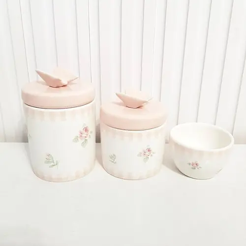 Kit Higiene Bebê 3 Peças Floral + Xadrez Rosa Rosé Borboleta