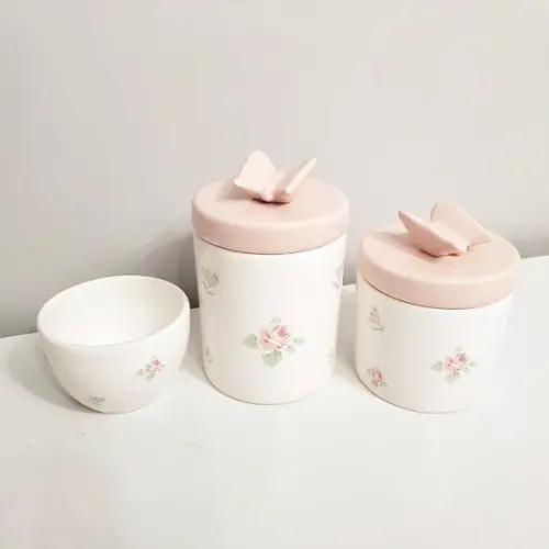 Kit Higiene Bebê 3 Peças Floral Rosé com Borboleta Rosé