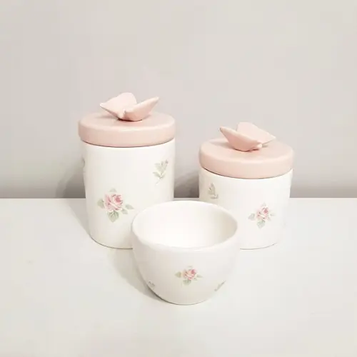 Kit Higiene Bebê 3 Peças Floral Rosé com Borboleta Rosé