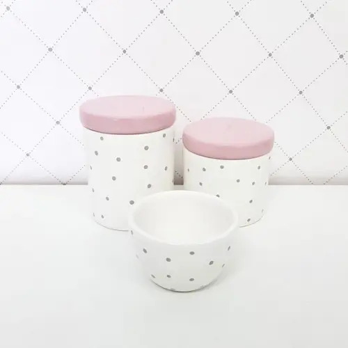 Kit Higiene Bebê 3 Peças Poá Cinza + Rosa