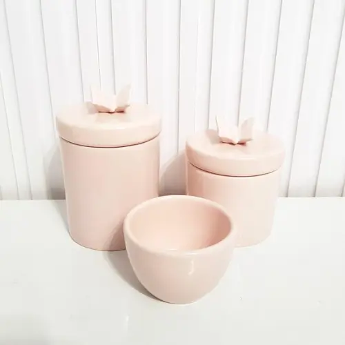 Kit Higiene Bebê 3 Peças Rosa Rosé com Aplique Borboleta