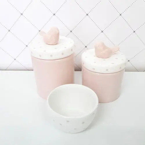 Kit Higiene Bebê 3 Peças Rosé e Poás - Aplique Passarinho