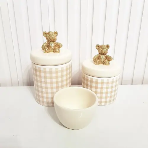 Kit Higiene Bebê 3 Peças Xadrez Vichy Bege Aplique Ursinho
