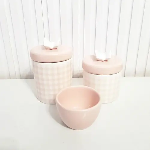 Kit Higiene Bebê 3 Peças Xadrez Vichy Rosa com Borboleta