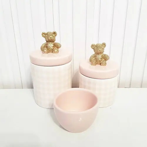 Kit Higiene Bebê 3 Peças Xadrez Vichy Rosa Aplique Ursinho