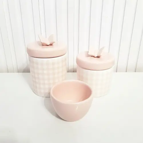Kit Higiene Bebê 3 Peças Xadrez Vichy Rosa com Borboleta
