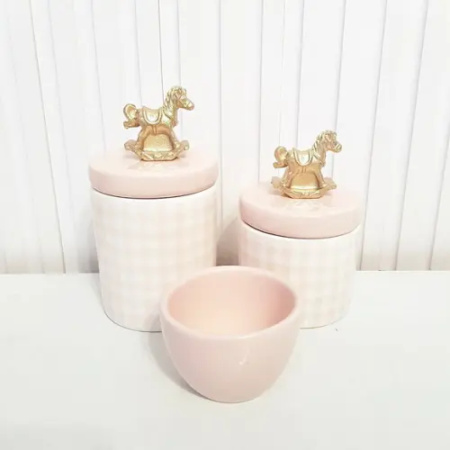 Kit Higiene Bebê 3 Peças Xadrez Vichy Rosa Aplique Cavalinho