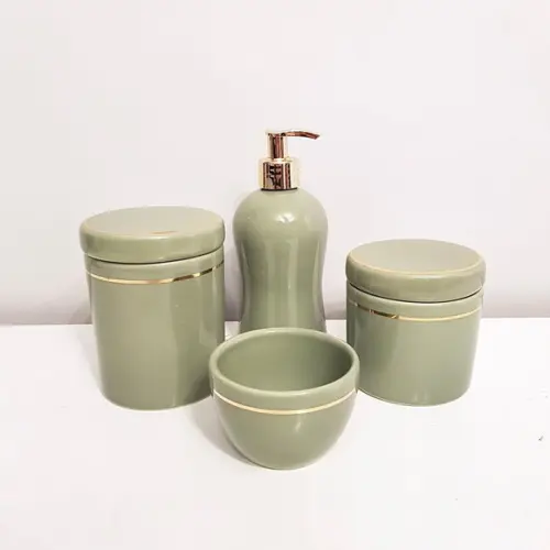 Kit Higiene Bebê 4 Pçs Cerâmica Verde Militar Filete Dourado