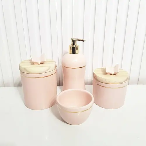 Kit Higiene Bebê 4 Pçs Rosé Filete Dourado Pinus - Borboleta