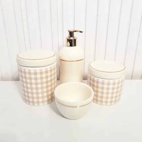 Kit Higiene Bebê 4 Pçs Xadrez Vichy Bege Creme Filetedourado