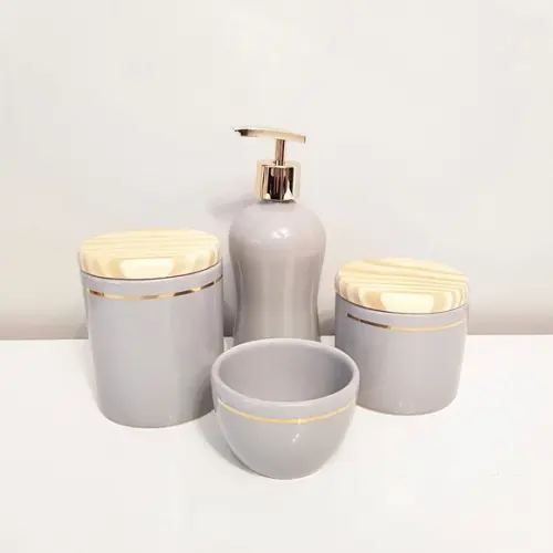 Kit Higiene Bebê 4 Peças Cinza e Filete Dourado - Pinus
