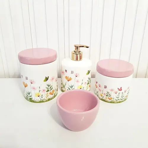 Kit Higiene Bebê 4 Peças Jardim Encantado Floral Rosa Bebê
