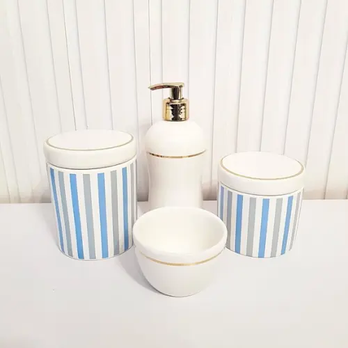 Kit Higiene Bebê 4 Peças Listras Azul c/ Filete Dourado