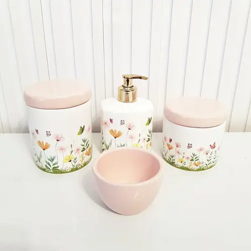 Kit Higiene Bebê 4 Peças Jardim Encantado Floral Rosa Rosé