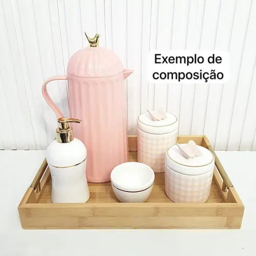 Kit Higiene Bebê 4 Peças Xadrez Vichy Rosa c/ Filete Dourado