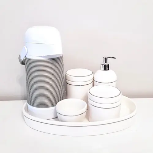 Kit Higiene Bebê Branco com Filete Prata - Bandeja Oval