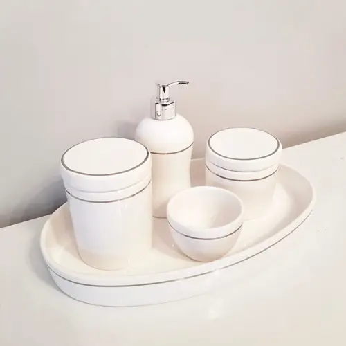 Kit Higiene Bebê Branco com Filete Prata - Bandeja Oval