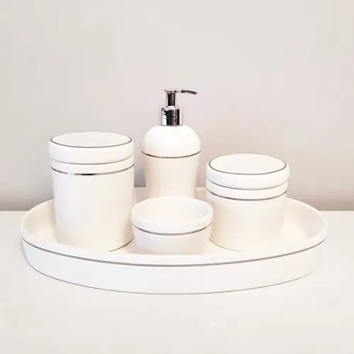 Kit Higiene Bebê Branco com Filete Prata - Bandeja Oval