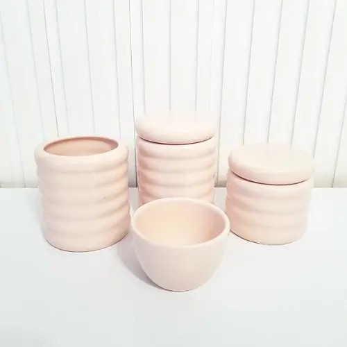 Kit Higiene Bebê Cerâmica 4 Peças Ondulado Rosa Rosé