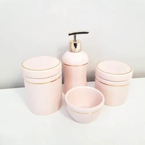 Kit Higiene Bebê Cerâmica Rosé com Filete Dourado - 4 Peças