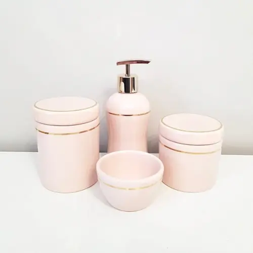 Kit Higiene Bebê Cerâmica Rosé com Filete Dourado - 4 Peças