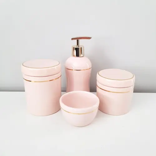 Kit Higiene Bebê Cerâmica Rosé com Filete Dourado - 4 Peças