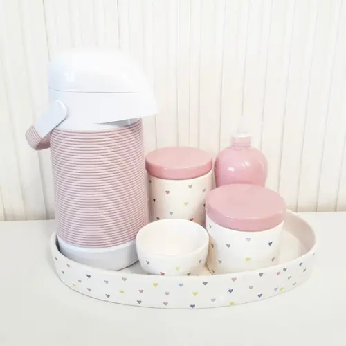 Kit Higiene Bebê Coraçõezinhos Coloridos - Branco e Rosa