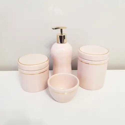 Kit Higiene Bebê Cerâmica Rosé com Filete Dourado - 4 Peças