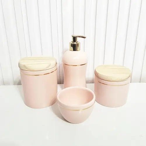 Kit Higiene Bebê Cerâmica Rosé Filete Dourado Pinus 4 Peças