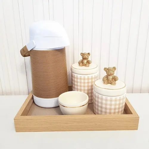 Kit Higiene Bebê Creme e Marrom Filete Dourado + Ursinho
