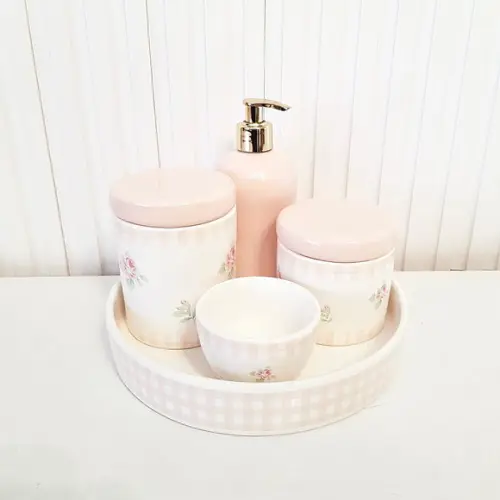 Kit Higiene Bebê Floral + Xadrez Rosa - Bandeja Redonda