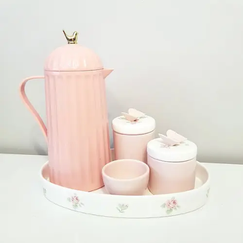 Kit Higiene Bebê Floral Branco e Rosa Rosé - Térmica Bird