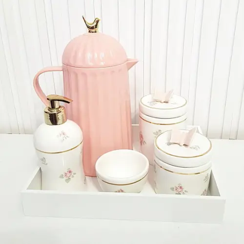 Kit Higiene Bebê Floral Filete Ouro Rosé e Branco