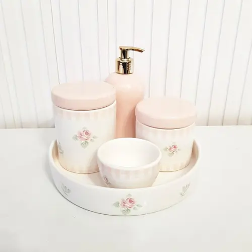 Kit Higiene Bebê Floral Rosa Rosé - Bandeja Redonda