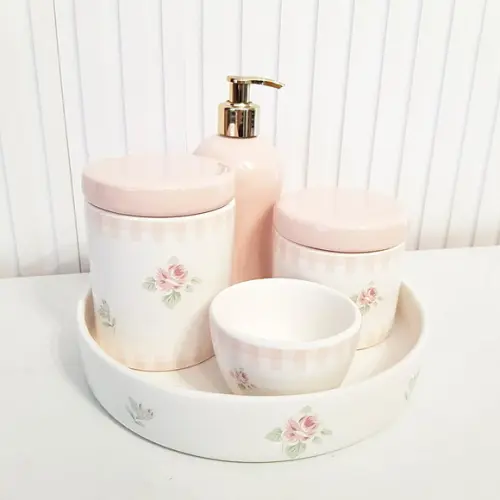 Kit Higiene Bebê Floral Rosa Rosé - Bandeja Redonda